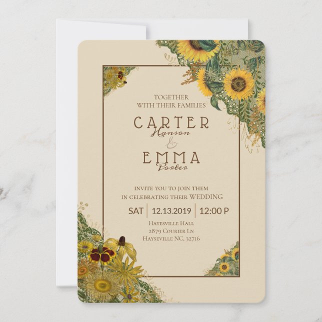 Invitation Tournesol et Mariage campagnard beige de dentelle  (Devant)