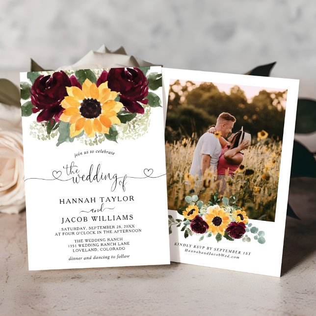 Invitation Tournesol et Rose Bourgogne Mariage photo rouge (Créateur téléchargé)