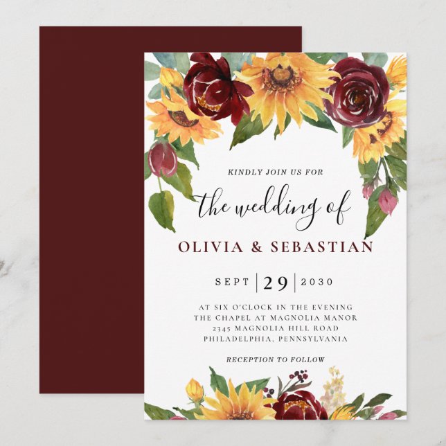 Invitation Tournesol et Rose Bourgogne Rouge Mariage (Devant / Derrière)