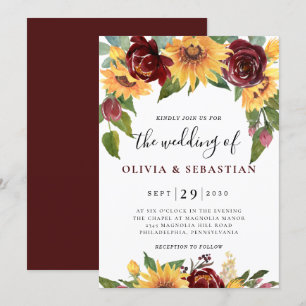 Invitation Tournesol et Rose Bourgogne Rouge Mariage