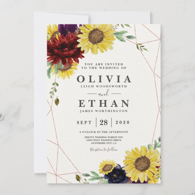 Invitation Tournesol et Rose Bourgogne Rouge Mariage bleu de  (Devant)