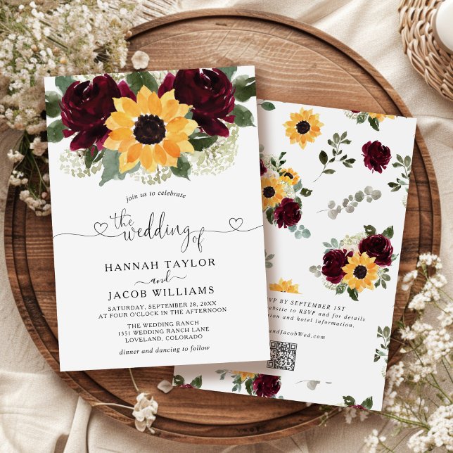 Invitation Tournesol et Rose Bourgogne Rouge QR Code Mariage (Créateur téléchargé)