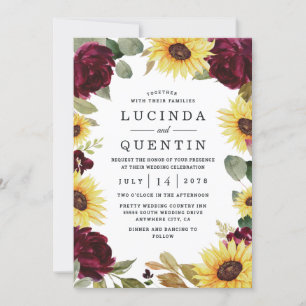 Invitation Tournesol et Rose Bourgogne Rouge Rustique Mariage