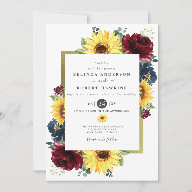 Invitation Tournesol et Rose Mariage bleu de la marine de Bou (Devant)