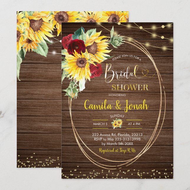 Invitation Tournesol et Rose Rustic Douche nuptiale invitatio (Devant / Derrière)