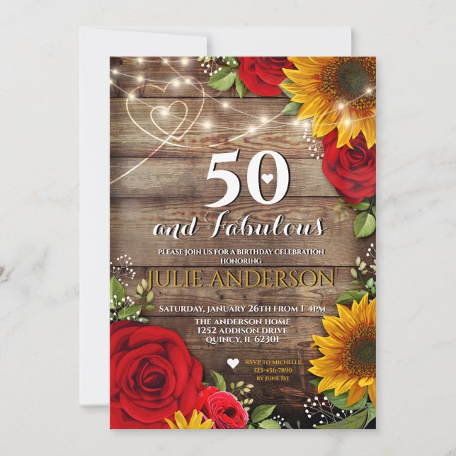 Invitation Tournesol et Rose Rustique fête d'anniversaire (Devant)