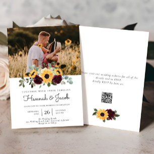 Invitation Tournesol et Rose Rustique QR Code Photo Mariage