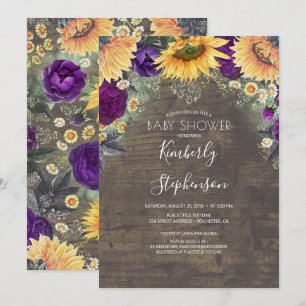 Invitation Tournesol et violet Rose Baby shower rustique