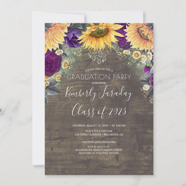Invitation Tournesol et violet Rose Graduation rustique (Devant)