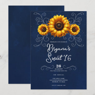 Invitation Tournesol Étincelle Bleu Glamour Rustique Douce 16