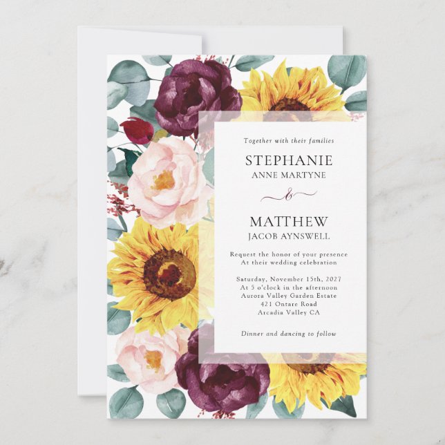 Invitation Tournesol Eucalyptus Bourgogne Blush FlorMariage (Devant)