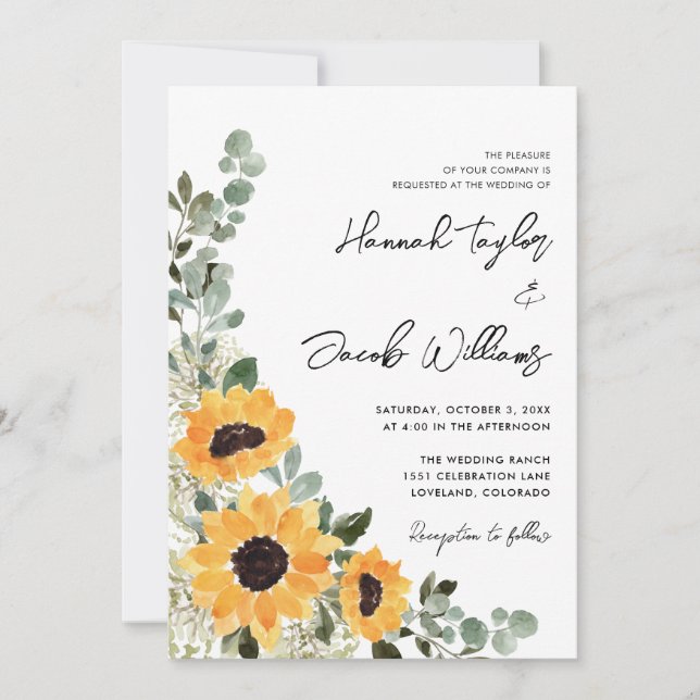 Invitation Tournesol Eucalyptus Russe Mariage (Devant)