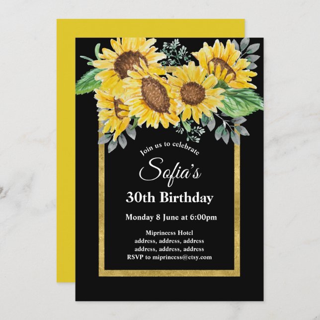 Invitation tournesol, fête d'anniversaire florale (Devant / Derrière)