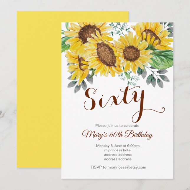 Invitation tournesol, fête d'anniversaire florale (Devant / Derrière)