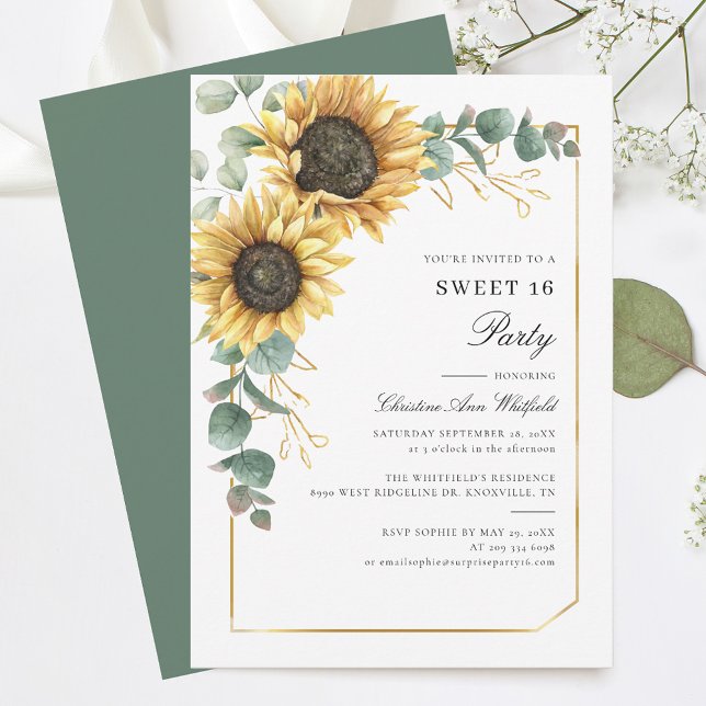 Invitation Tournesol floral Eucalyptus Sweet 16 Party (Sunflower Floral Eucalyptus 16th Birthday Party Sweet Sixteen Invitation)
