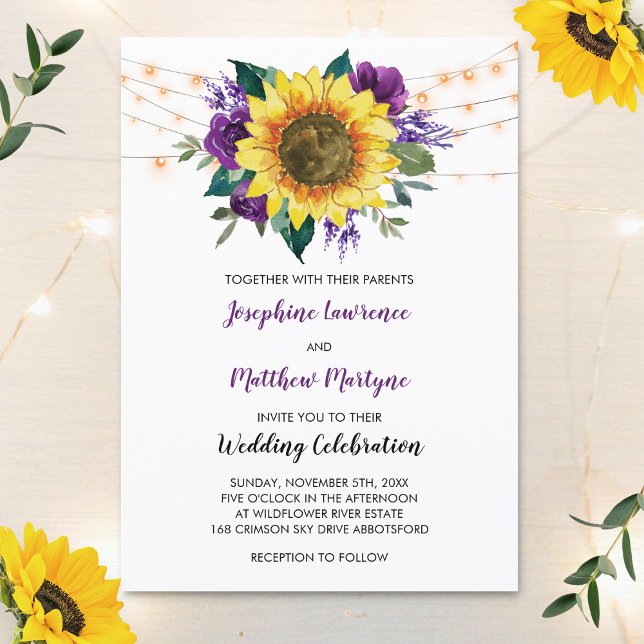 Invitation Tournesol Floral Purple Lumières Rose rustique Mar (Créateur téléchargé)