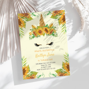 Invitation Tournesol Floral Unicorne Jaune mignonne Filles