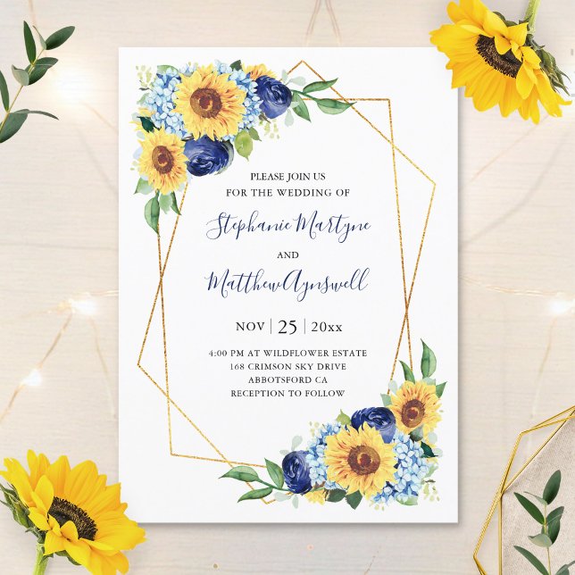 Invitation Tournesol Géométrique Dusté Bleu Mariage Floral (Créateur téléchargé)