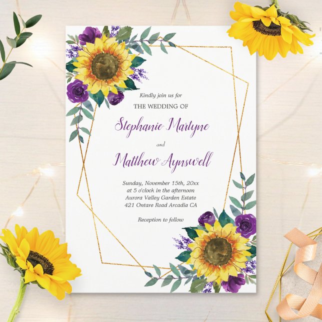 Invitation Tournesol géométrique violet Rose Mariage Floral (Créateur téléchargé)
