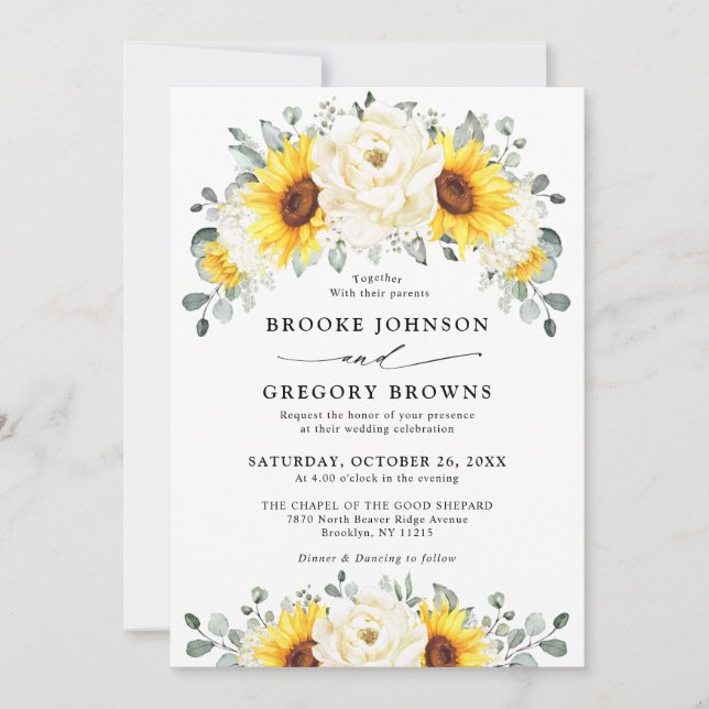Invitation Tournesol ivoire pivoine Floral Eucalyptus Mariage (Devant)