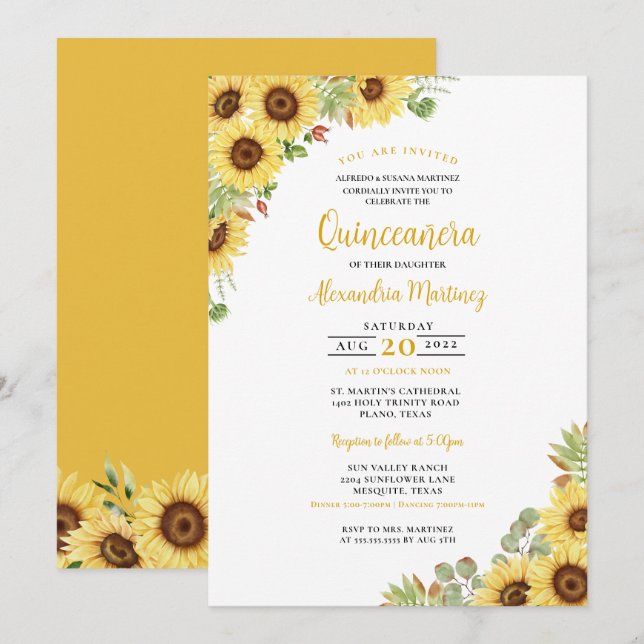 Invitation Tournesol jaune blanc Floral Quinceanera été (Devant / Derrière)