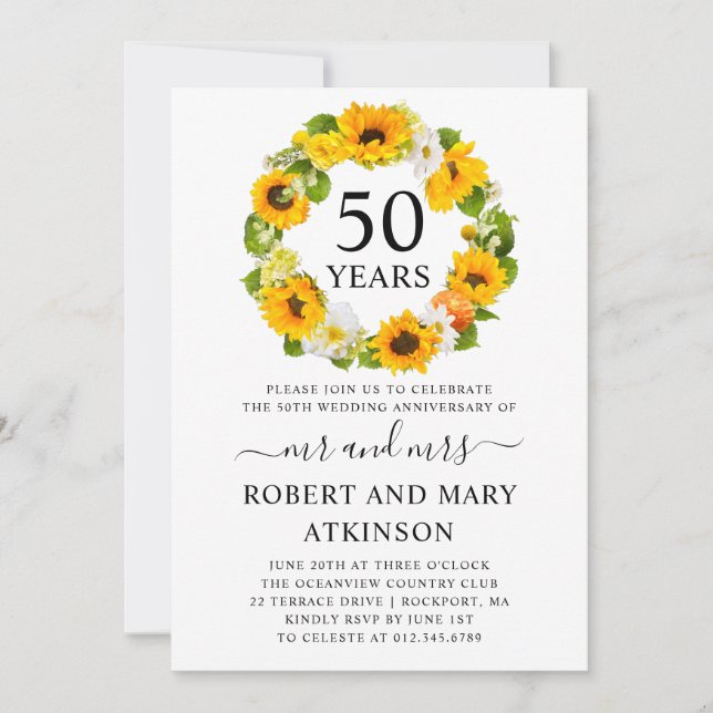 Invitation Tournesol Jaune Floral 50e Anniversaire de Mariage (Devant)