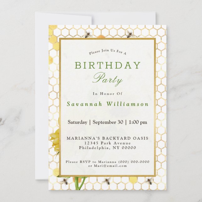 Invitation Tournesol Jaune Honeycomb abeilles Or Anniversaire (Devant)