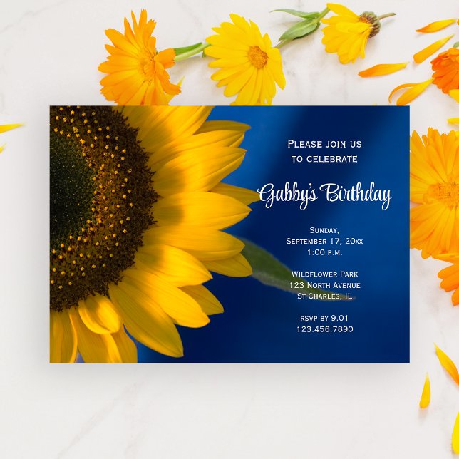 Invitation Tournesol jaune sur la fête d'anniversaire bleue (Créateur téléchargé)