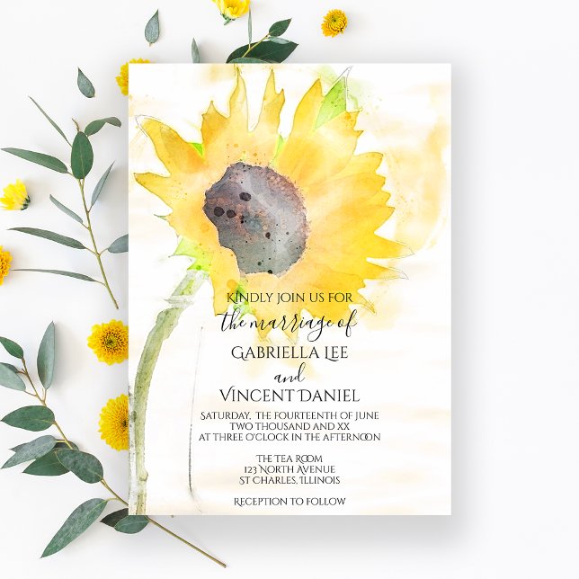 Invitation Tournesol jaune sur Mariage d'aquarelle blanche (Créateur téléchargé)
