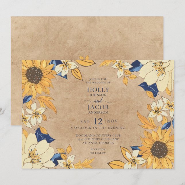 Invitation Tournesol Kraft Rustique Bleu Jaune Mariage Floral (Devant / Derrière)