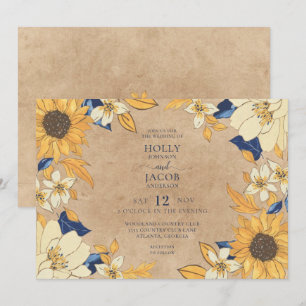 Invitation Tournesol Kraft Rustique Bleu Jaune Mariage Floral