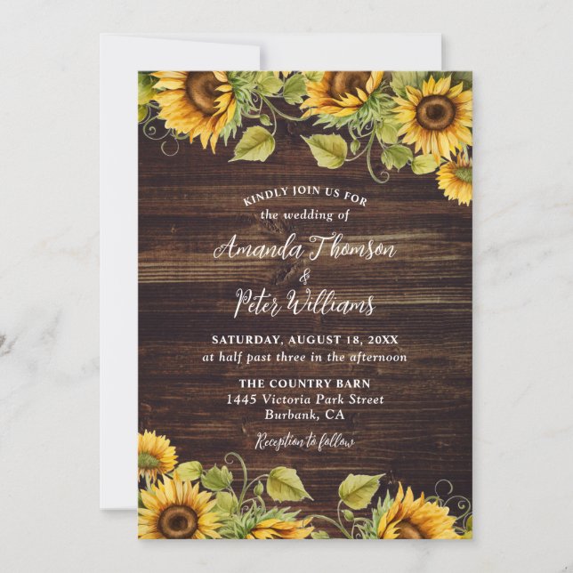 Invitation Tournesol Mariage en bois rustique (Devant)