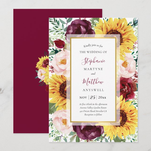 Invitation Tournesol Mariage Floral Doré Automne Bourgogne (Devant / Derrière)