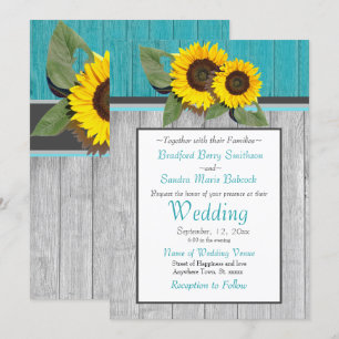 Invitation Tournesol Mariage rustique Turquoise en bois gris