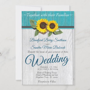 Invitation Tournesol Mariage rustique Turquoise Gris de bois