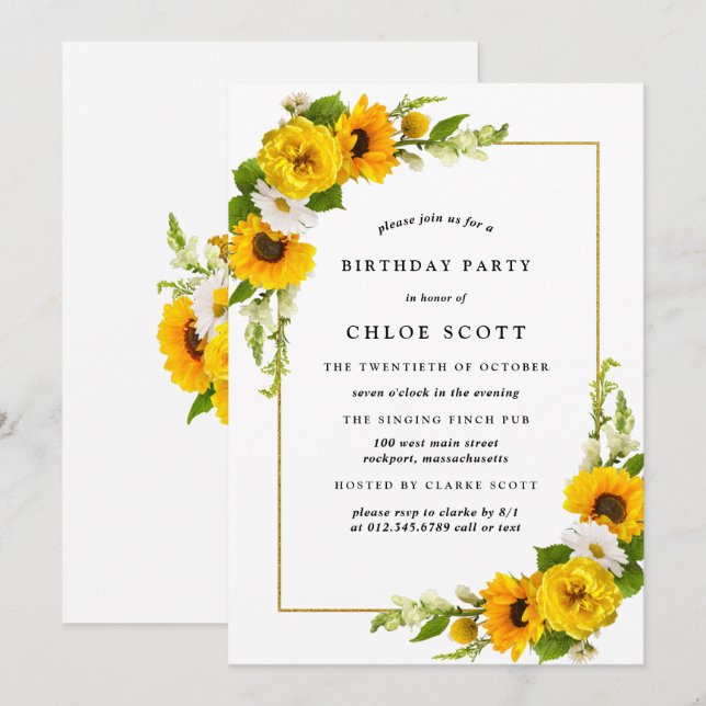 Invitation Tournesol N'importe quel âge Anniversaire Invitati (Devant / Derrière)