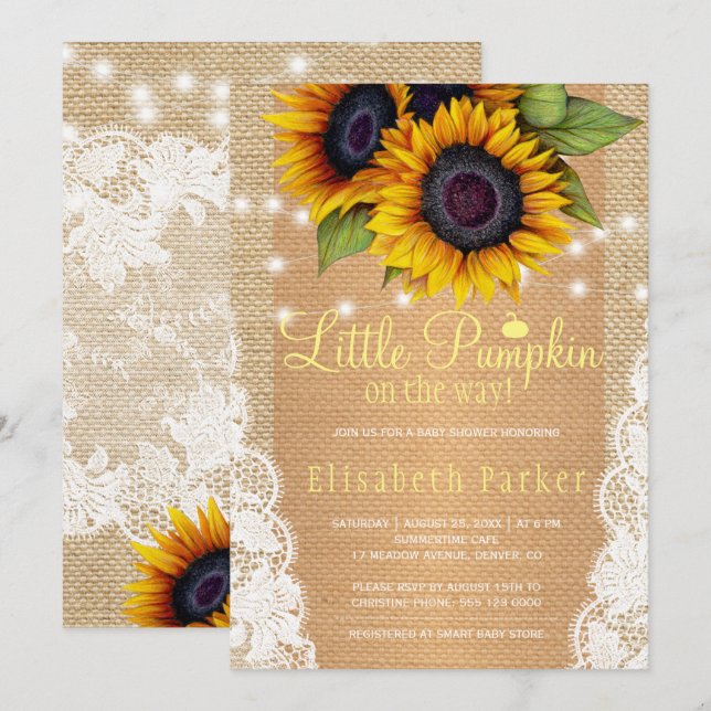 Invitation Tournesol or pays burlap et dentelle baby shower (Devant / Derrière)