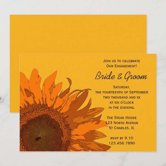 Invitation Tournesol orange à la fête d'engagement jaune (Devant / Derrière)