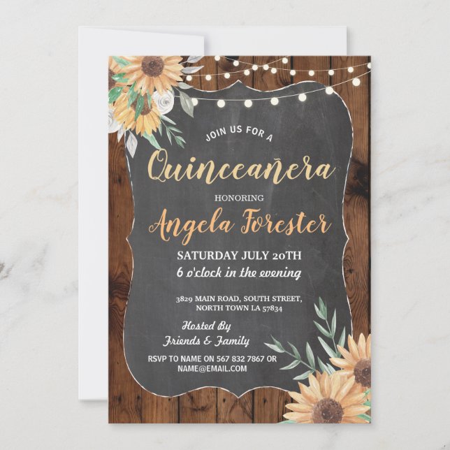 Invitation Tournesol Quinceanera Party Bois Lumières florales (Devant)