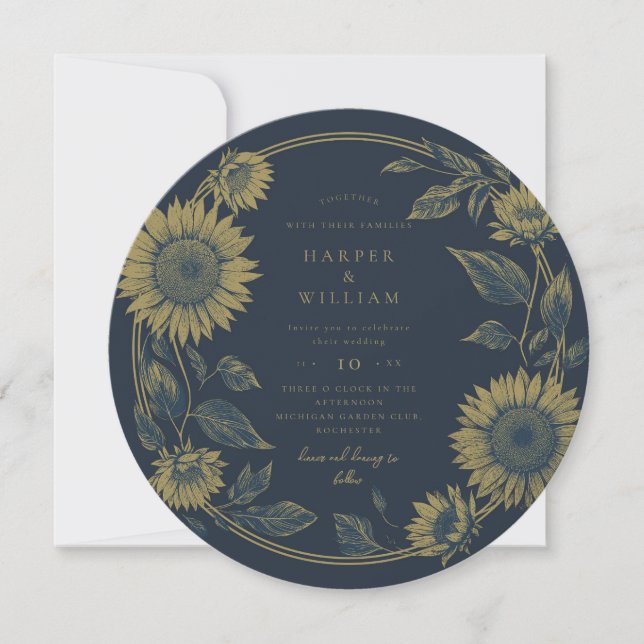 Invitation Tournesol rond mariage jaune (Devant)