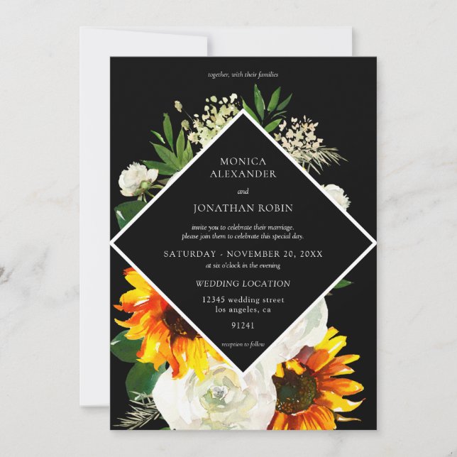 Invitation Tournesol & Rose Blanche Floral Mariage Artsy - No (Devant)