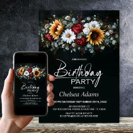 Invitation Tournesol Rose Floral Noir Fête d'anniversaire Tou