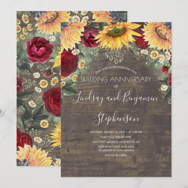 Invitation Tournesol Rose Rouge Bourgogne Mariage Anniversair (Devant / Derrière)