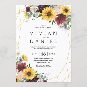Invitation Tournesol Roses Bourgogne Bleu Rustique