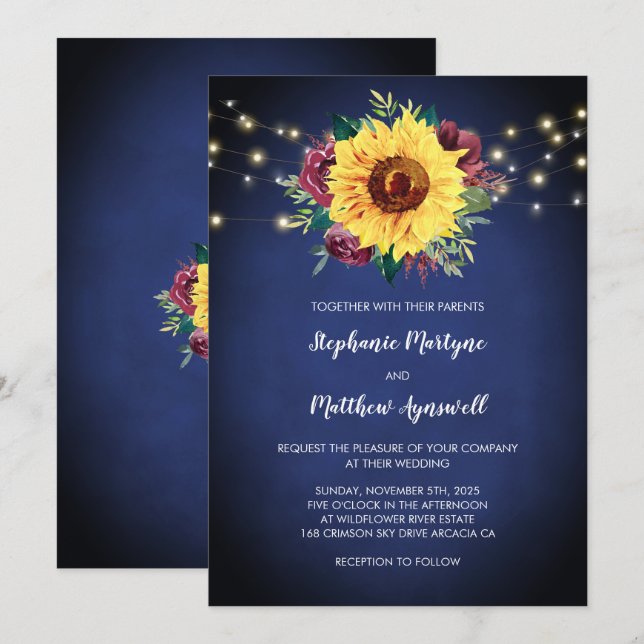 Invitation Tournesol Roses de Bourgogne Lumières Mariage Bleu (Devant / Derrière)