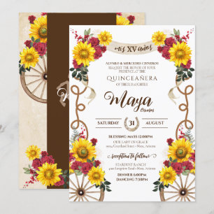 Invitation Tournesol & Roses Rouges Rustique Charro Quinceane