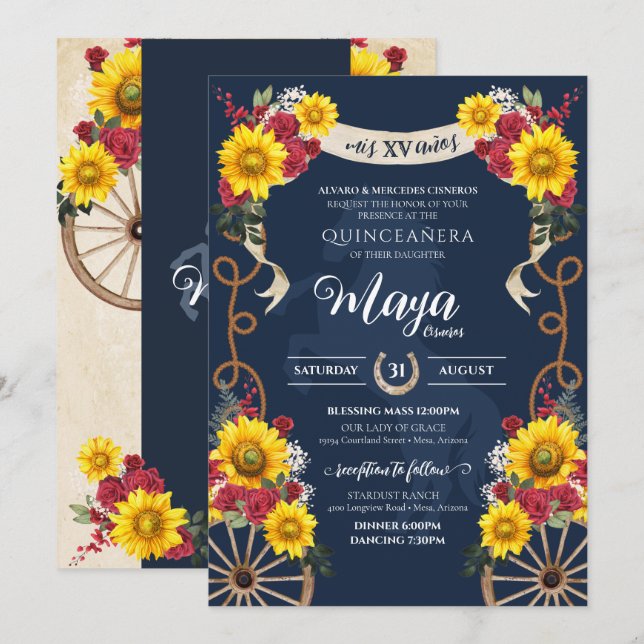 Invitation Tournesol & Roses Rouges Rustique Charro Quinceane (Devant / Derrière)
