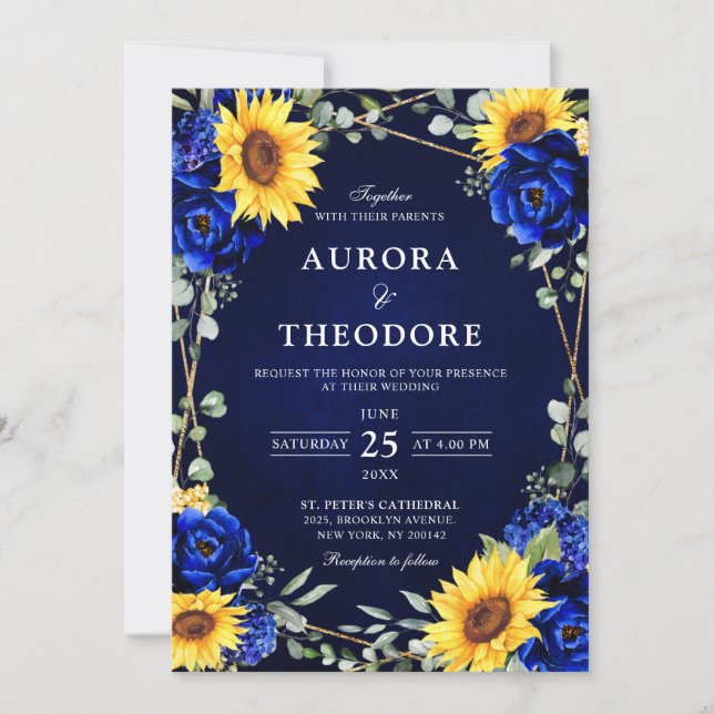 Invitation Tournesol royal bleu rustique Mariage géométrique  (Devant)