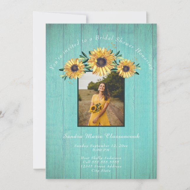 Invitation Tournesol Rustique Aqua Mariage de bois Fête des m (Devant)