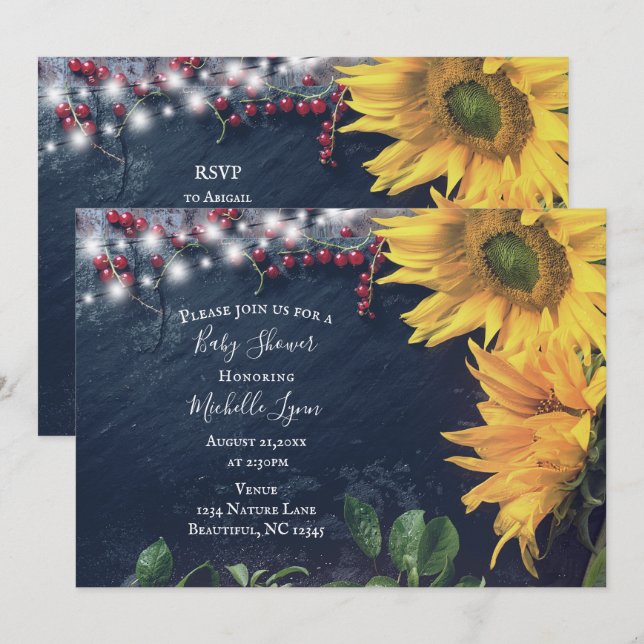 Invitation Tournesol rustique, ardoise et Baby shower lumineu (Devant / Derrière)